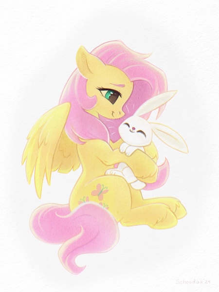 Size: 1500x2000 | Tagged: safe, artist:scheadar, derpibooru import, angel bunny, fluttershy, pegasus, pony, rabbit, animal, female, image, jpeg, mare, wings