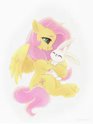 Size: 1500x2000 | Tagged: safe, artist:scheadar, derpibooru import, angel bunny, fluttershy, pegasus, pony, rabbit, animal, female, image, jpeg, mare, wings