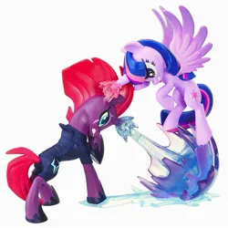 Size: 1500x1500 | Tagged: safe, derpibooru import, tempest shadow, twilight sparkle, twilight sparkle (alicorn), alicorn, g4, my little pony: the movie, angry, concave belly, duo, duo female, female, fight, flying, image, jpeg, laser, physique difference, slender, spread wings, thin, toy, wings