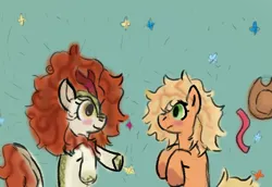 Size: 1450x1000 | Tagged: safe, artist:zoeyhorse, derpibooru import, applejack, autumn blaze, earth pony, kirin, pony, g4, blushing, duo, duo female, female, hat off, image, lesbian, looking at each other, looking at someone, loose hair, lying down, mare, overhead view, png, ship:autumnjack, shipping, side, smiling