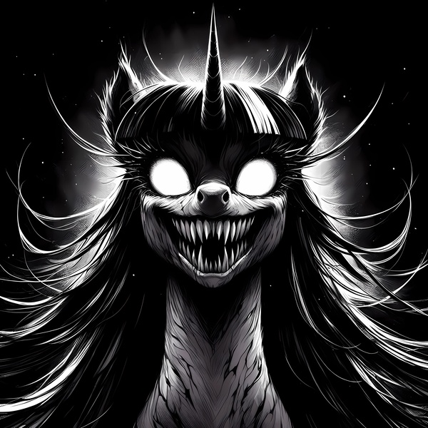 Size: 4096x4096 | Tagged: safe, ai content, anonymous prompter, machine learning generated, twilight sparkle, pony, unicorn, absurd resolution, body horror, dark background, eldritch abomination, generator:bing image creator, generator:dall-e 3, glowing eyes, grayscale, image, jpeg, monochrome, sharp teeth, simple background, solo, stars, teeth, upscaled