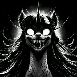 Size: 4096x4096 | Tagged: safe, ai content, anonymous prompter, machine learning generated, twilight sparkle, pony, unicorn, absurd resolution, body horror, dark background, eldritch abomination, generator:bing image creator, generator:dall-e 3, glowing eyes, grayscale, image, jpeg, monochrome, sharp teeth, simple background, solo, stars, teeth, upscaled