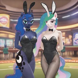 Size: 3072x3072 | Tagged: suggestive, ai content, derpibooru import, machine learning generated, prompter:jasedward, princess celestia, princess luna, alicorn, anthro, pony, g4, bowtie, bunny ears, bunny suit, casino, clothes, cuffs (clothes), detached collar, duo, female, females only, image, leotard, looking at you, pantyhose, playboy bunny, png, smiling, thong leotard