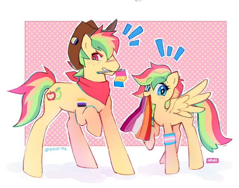 Size: 1280x1012 | Tagged: safe, artist:kino-ta, derpibooru import, oc, unofficial characters only, earth pony, pegasus, pony, duo, earth pony oc, image, jpeg, magical lesbian spawn, mouthpiece, offspring, parent:applejack, parent:rainbow dash, parents:appledash, pegasus oc, pride flag, trans pride flag, transbian pride flag, wings