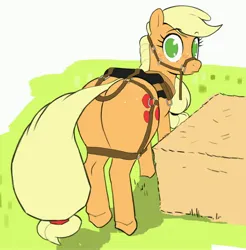 Size: 4034x4096 | Tagged: safe, artist:_ton618_, applejack, earth pony, pony, g4, applebutt, blush lines, blushing, butt, butt freckles, eyebrows, eyebrows visible through hair, female, freckles, hatless, image, jpeg, large butt, looking at you, looking back, looking back at you, mare, missing accessory, no pupils, plot, rear view, reins, saddle, simple background, solo, tack, white background