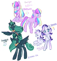 Size: 1280x1378 | Tagged: safe, artist:kino-ta, derpibooru import, oc, oc:somber, oc:starswirl, oc:stella, unofficial characters only, alicorn, earth pony, pony, unicorn, alicorn oc, earth pony oc, horn, image, jpeg, magical lesbian spawn, offspring, parent:princess celestia, parent:starlight glimmer, parent:trixie, parent:twilight sparkle, parents:startrix, parents:twilestia, unicorn oc, wings