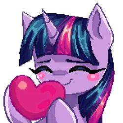 Size: 3000x3000 | Tagged: safe, artist:opal_radiance, derpibooru import, twilight sparkle, twilight sparkle (alicorn), alicorn, pony, blush sticker, blushing, bust, commission, digital art, eyes closed, heart, hoof hold, image, pixel art, png, smiling, solo, your character here