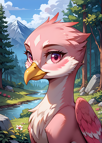 Size: 1776x2496 | Tagged: safe, ai content, derpibooru import, machine learning generated, prompter:bluetoothworld, oc, unofficial characters only, gryphon, bust, cloud, female, forest, griffon oc, image, looking at you, nature, png, portrait, sky, solo, tree, water, wings