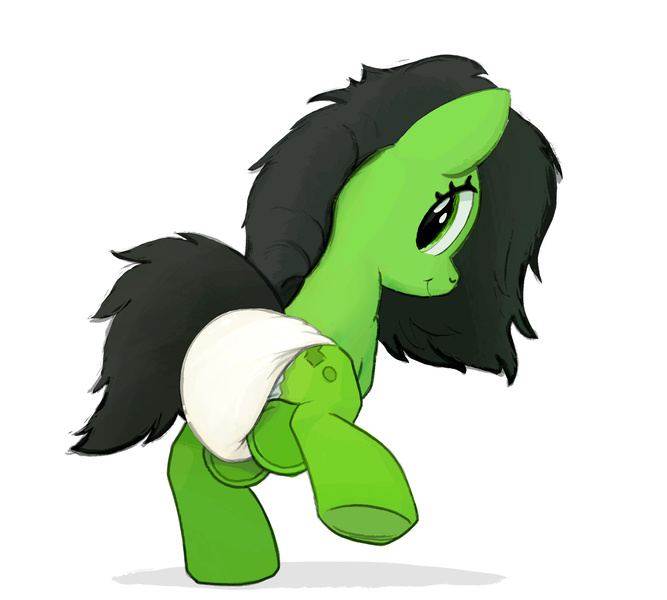 Size: 2175x1956 | Tagged: questionable, artist:asdfasfasda, derpibooru import, oc, oc:anonfilly, earth pony, pony, diaper, earth pony oc, female, filly, foal, image, jpeg, looking at you, looking back, looking back at you, non-baby in diaper, raised leg, rear view, simple background, smiling, underhoof, white background