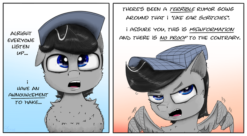 Size: 2300x1266 | Tagged: safe, artist:chopsticks, derpibooru import, oc, oc:chopsticks, unofficial characters only, pegasus, pony, 2 panel comic, air quotes, cheek fluff, chest fluff, chipped tooth, comic, dialogue, ear fluff, eye clipping through hair, fluffy, gradient background, hat, image, looking at you, male, one ear down, open mouth, pegasus oc, png, solo, stallion, stray strand, talking to viewer, text, wing hands, wings