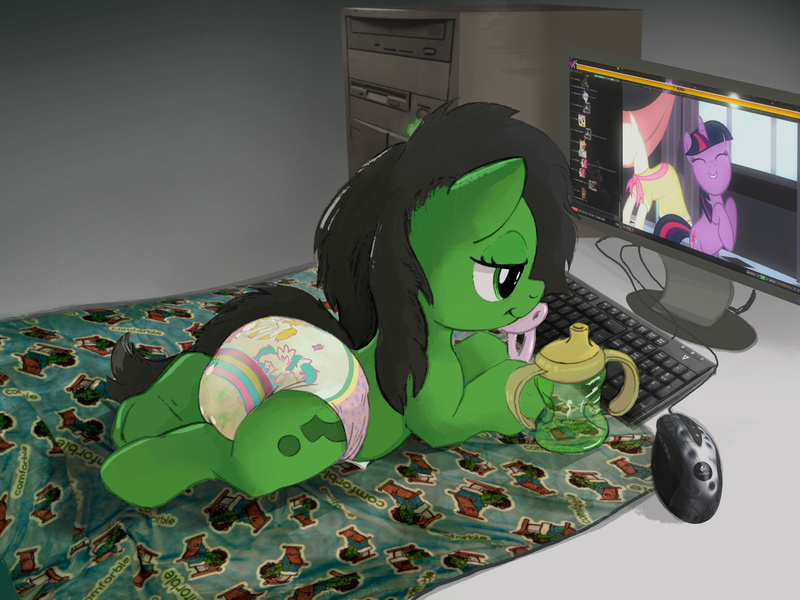 Size: 2732x2048 | Tagged: questionable, artist:asdfasfasda, derpibooru import, oc, oc:anonfilly, mouse, pony, comfy, computer, cup, diaper, female, filly, foal, image, jpeg, keyboard, lying down, pacifier, prone, sippy cup, solo, spread legs, spreading, unicorn diaper, urine, wet diaper