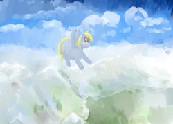 Size: 3500x2500 | Tagged: safe, artist:lupin quill, derpibooru import, derpy hooves, pegasus, pony, aderpose, belly, cloud, fat, flying, image, lineless, mountain, mountain range, painting, png, scenery, solo