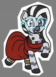 Size: 1687x2312 | Tagged: safe, artist:mkogwheel, derpibooru import, oc, oc:zeal lanatus, pony, zebra, clothes, dress, female, goggles, gray background, grin, image, jpeg, looking at you, mare, outline, safety goggles, simple background, smiling, smiling at you, solo, standing on two hooves, white outline, zebra oc