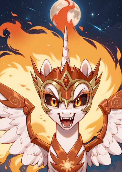 Size: 1776x2496 | Tagged: safe, ai content, derpibooru import, machine learning generated, prompter:bluetoothworld, daybreaker, alicorn, pony, armor, bust, female, helmet, image, looking at you, mane of fire, mare, moon, night, open mouth, png, portrait, sharp teeth, solo, spread wings, teeth, wing armor, wings