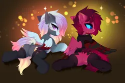 Size: 5722x3781 | Tagged: safe, artist:empress-twilight, derpibooru import, oc, oc:black cherry, oc:skye setter, unofficial characters only, pegasus, pony, both cutie marks, butt, clothes, colored wings, commission, dock, duo, duo female, ear fluff, eye scar, eyebrows, eyebrows visible through hair, facial scar, featureless crotch, female, gradient wings, image, looking at you, looking back, looking back at you, lying down, mare, multicolored wings, pegasus oc, plot, png, prone, rear view, scar, smiling, smiling at you, socks, sparkles, sploot, spread legs, spreading, stockings, tail, tail aside, thigh highs, wings, ych result