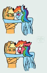 Size: 1800x2800 | Tagged: safe, artist:criaturatrix, derpibooru import, applejack, rainbow dash, earth pony, pegasus, pony, g4, 2koma, appledash, applejack is not amused, blushing, crossed arms, duo, female, flirting, gray background, hey you, image, kabedon, lesbian, png, shipping, signature, simple background, smiling, smirk, unamused, white background