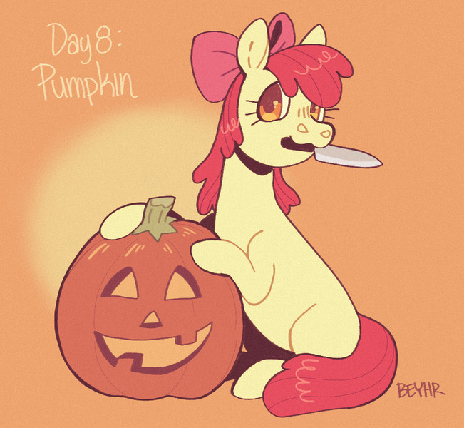 Size: 946x872 | Tagged: safe, artist:beyhr, derpibooru import, apple bloom, earth pony, pony, :3, bow, female, filly, foal, hair bow, halloween, holiday, image, jack-o-lantern, jpeg, knife, looking at you, mouth hold, orange background, ponytober, ponytober 2024, pumpkin, simple background, solo, text