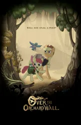 Size: 1941x3000 | Tagged: safe, artist:sinsays, derpibooru import, apple bloom, applejack, gummy, alligator, bird, earth pony, pony, :d, bag, bow, cover, female, filly, foal, forest, hair bow, hat, image, jpeg, mare, nature, open mouth, open smile, over the garden wall, parody, saddle bag, smiling, text, tree