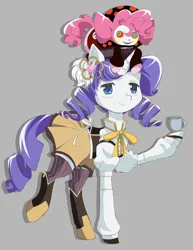 Size: 2318x3000 | Tagged: safe, artist:jitterbugjive, derpibooru import, pinkie pie, rarity, pony, unicorn, anime, boots, bowtie, charlotte (madoka magica), clothes, crossover, cup, female, gray background, hairpin, horn, image, jpeg, long sleeves, magical girl, mami tomoe, mare, puella magi madoka magica, shoes, simple background, skirt, smiling, socks, soul gem, teacup, thigh highs, witch