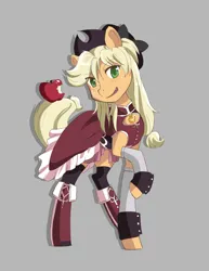 Size: 2318x3000 | Tagged: safe, artist:jitterbugjive, derpibooru import, applejack, earth pony, pony, :d, anime, apple, boots, clothes, crossover, dress, fangs, female, food, gray background, hat, image, jpeg, kyoko sakura, looking at you, magical girl, mare, open mouth, open smile, puella magi madoka magica, raised hoof, shoes, simple background, smiling, socks, soul gem, thigh highs, wrist cuffs