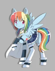 Size: 2318x3000 | Tagged: safe, artist:jitterbugjive, derpibooru import, rainbow dash, pegasus, pony, anime, body armor, boots, cape, clothes, crossover, detached sleeves, female, gray background, hairpin, image, jpeg, mare, puella magi madoka magica, shoes, simple background, skirt, socks, solo, soul gem, spread wings, thigh highs, wings