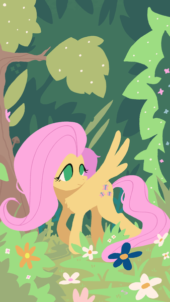 Size: 2160x3840 | Tagged: safe, artist:anonymous, derpibooru import, fluttershy, pegasus, pony, g4, flower, forest, image, lineless, nature, png, solo, tree