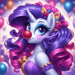 Size: 1024x1024 | Tagged: safe, ai content, derpibooru import, machine learning generated, prompter:heydude5321, rarity, anthro, pony, unicorn, g4, balloon, clothes, clown, clown nose, female, generator:bing image creator, generator:dall-e 3, horn, image, jpeg, makeup, mare, red nose, solo