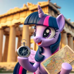 Size: 1024x1024 | Tagged: safe, ai content, derpibooru import, machine learning generated, prompter:heydude5321, twilight sparkle, alicorn, pony, g4, alternate cutie mark, athens, compass, female, generator:bing image creator, generator:dall-e 3, horn, image, jpeg, map, mare, solo