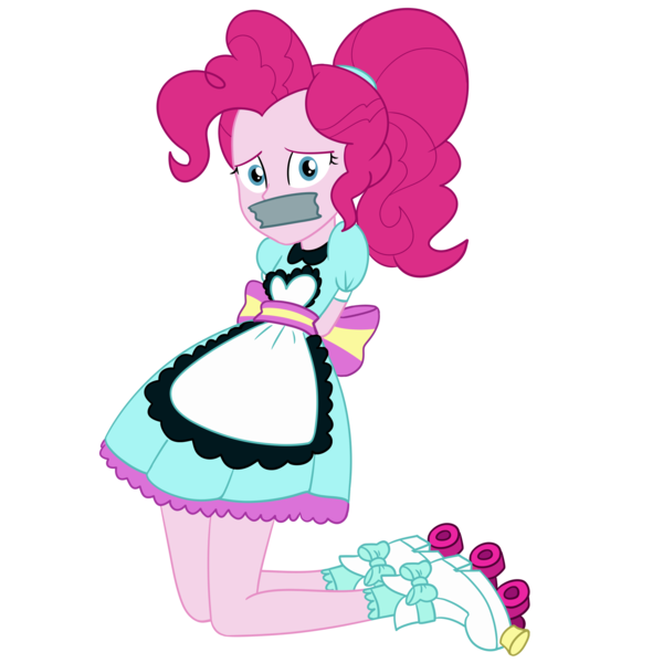 Size: 2000x2000 | Tagged: safe, artist:nie-martw-sie-o-mnie, derpibooru import, pinkie pie, human, coinky-dink world, eqg summertime shorts, equestria girls, g4, apron, arm behind back, clothes, female, femsub, gag, image, kneeling, looking at you, my little pony equestria girls: summertime shorts, pinkiesub, png, roller skates, simple background, skates, solo, submissive, tape, tape gag, transparent background, uniform, waitress