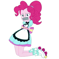 Size: 2000x2000 | Tagged: safe, artist:nie-martw-sie-o-mnie, derpibooru import, pinkie pie, human, coinky-dink world, eqg summertime shorts, equestria girls, g4, apron, arm behind back, clothes, female, femsub, gag, image, kneeling, looking at you, my little pony equestria girls: summertime shorts, pinkiesub, png, roller skates, simple background, skates, solo, submissive, tape, tape gag, transparent background, uniform, waitress