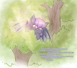 Size: 3276x2897 | Tagged: safe, artist:fluffyxai, derpibooru import, oc, unofficial characters only, bat pony, forest, freckles, hiding, image, leaves, nature, png, solo, tree, wings