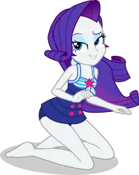 Size: 3203x4017 | Tagged: safe, alternate version, artist:dustinwatsongkx, derpibooru import, rarity, human, equestria girls, g4, accessory swap, bare shoulders, barefoot, clothes, clothes swap, feet, female, image, kneeling, legs, one-piece swimsuit, png, sandals, sci-twi swimsuit, simple background, sleeveless, smiling, solo, swimsuit, swimsuit swap, transparent background