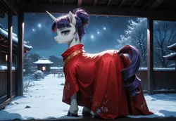 Size: 3072x2112 | Tagged: safe, ai content, derpibooru import, machine learning generated, prompter:thehyperinsectoid, rarity, pony, unicorn, g4, alternate hairstyle, bun hairstyle, clothes, ear piercing, earring, hooves, horn, image, jewelry, jpeg, kimono (clothing), looking back, night, outdoors, piercing, snow, stars, tree, winter