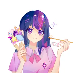 Size: 1440x1440 | Tagged: safe, artist:huaxun81146, derpibooru import, twilight sparkle, human, g4, anime style, clothes, collared shirt, holding, humanized, ice cream cone, image, looking at you, png, ribbon bow tie, shirt, short sleeves, simple background, smiling, smiling at you, solo, sparkles, spoon, t-shirt, upper body, white background