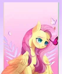 Size: 2455x2938 | Tagged: safe, artist:chunichichuni, derpibooru import, fluttershy, butterfly, insect, pegasus, pony, g4, female, gradient background, high res, image, jpeg, looking at butterfly, mare, passepartout, signature, smiling, solo, wings