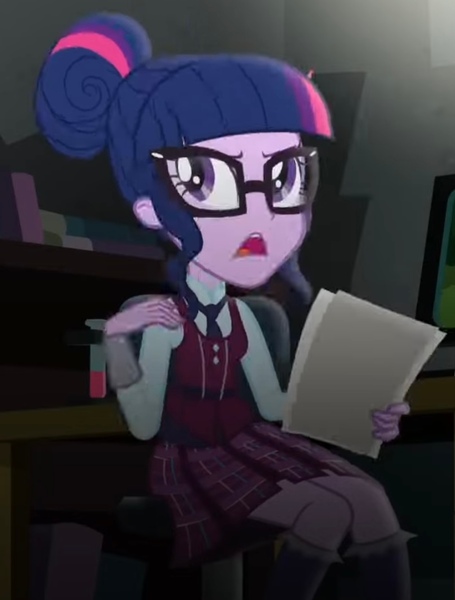 Size: 805x1062 | Tagged: safe, derpibooru import, screencap, sci-twi, twilight sparkle, human, equestria girls, g4, annoyed, chair, clothes, crystal prep, crystal prep academy uniform, image, jpeg, my little pony equestria girls: friendship games, necktie, paper, sat, school tie, school uniform, schoolgirl, solo, test tube, uniform