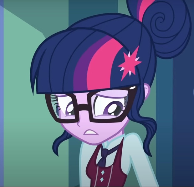 Size: 1258x1217 | Tagged: safe, derpibooru import, screencap, sci-twi, twilight sparkle, human, equestria girls, g4, clothes, cropped, crystal prep, crystal prep academy uniform, hallway, image, jpeg, my little pony equestria girls: friendship games, necktie, nervous, school tie, school uniform, schoolgirl, singing, solo, uniform