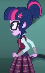 Size: 755x1213 | Tagged: safe, derpibooru import, screencap, sci-twi, twilight sparkle, human, equestria girls, g4, clothes, cropped, crystal prep academy, crystal prep academy uniform, hallway, image, jpeg, my little pony equestria girls: friendship games, necktie, nervous, school tie, school uniform, schoolgirl, singing, solo, staircase, walking