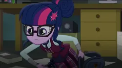 Size: 2160x1217 | Tagged: safe, derpibooru import, screencap, sci-twi, twilight sparkle, human, equestria girls, g4, backpack, clothes, crystal prep, crystal prep academy, crystal prep academy uniform, desk, drawer, floor, humanized, image, jpeg, my little pony equestria girls: friendship games, necktie, paper, reaching, rucksack, sat, school tie, school uniform, schoolgirl, solo