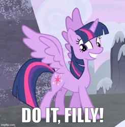 Size: 500x508 | Tagged: safe, derpibooru import, edit, edited screencap, screencap, twilight sparkle, twilight sparkle (alicorn), alicorn, pony, g4, season 5, the cutie map, caption, do it filly, grin, image, image macro, imgflip, jpeg, meme, smiling, text