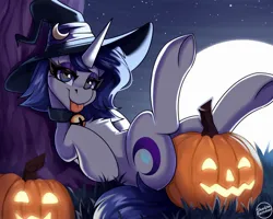 Size: 2500x2000 | Tagged: safe, artist:shadowreindeer, derpibooru import, oc, oc:moonlit silver, pony, :p, commission, forest, halloween, hat, holiday, image, jack-o-lantern, jpeg, moon, nature, pumpkin, tongue out, tree, witch, witch hat, ych result