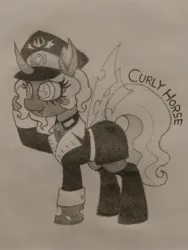 Size: 3060x4080 | Tagged: safe, artist:curly horse, derpibooru import, oc, oc:kitu elder, unofficial characters only, changeling, changeling queen, equestria at war mod, black and white, boots, cap, changeling oc, clothes, female, gift art, grayscale, hat, high res, image, jpeg, military uniform, monochrome, pencil drawing, raised hoof, shoes, simple background, solo, traditional art, uniform, white mane