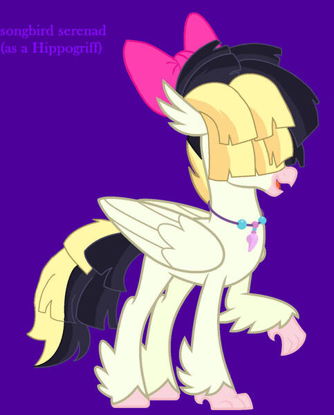 Size: 827x1027 | Tagged: safe, artist:princess-kitsune-tsu, derpibooru import, songbird serenade, classical hippogriff, hippogriff, g4, my little pony: the movie, base used, bow, classical hippogriffied, female, folded wings, hair bow, hair over eyes, hippogriffied, image, jewelry, jpeg, necklace, open mouth, open smile, purple background, simple background, smiling, solo, species swap, wings