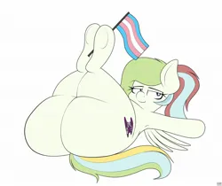 Size: 2048x1724 | Tagged: suggestive, artist:blitzyflair, derpibooru import, oc, oc:gamer beauty, unofficial characters only, pegasus, pony, bedroom eyes, butt, female, huge butt, image, jpeg, large butt, legs in air, lying down, mare, on back, pegasus oc, plot, ponytail, pride, pride flag, simple background, smiling, solo, solo female, spread wings, tail, transgender pride flag, white background, wings