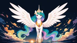 Size: 1920x1080 | Tagged: safe, ai content, derpibooru import, machine learning generated, prompter:gullveigai, stable diffusion, princess celestia, alicorn, pony, g4, dawn, generator:pony diffusion v6 xl, horseshoes, image, jewelry, png, regalia, solo, spread wings, walking, walking towards you, wallpaper, wings