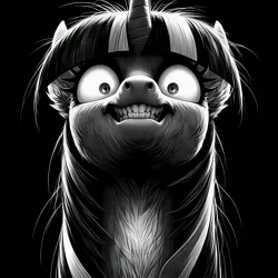 Size: 4096x4096 | Tagged: safe, ai content, anonymous prompter, machine learning generated, pony, unicorn, absurd resolution, black background, evil grin, faic, generator:bing image creator, generator:dall-e 3, grayscale, grin, image, jpeg, low angle, messy mane, monochrome, simple background, smiling, solo, upscaled