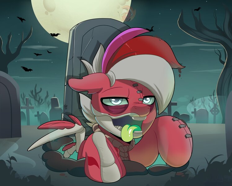 Size: 3287x2636 | Tagged: safe, artist:joaothejohn, derpibooru import, oc, oc:flamebrush, pegasus, pony, undead, zombie, bats!, g4, bone, fog, grave, gravestone, graveyard, halloween, holiday, image, jpeg, lidded eyes, looking at something, moon, multicolored hair, pegasus oc, spooky, tongue out, tree, wings