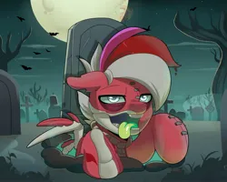 Size: 3287x2636 | Tagged: safe, artist:joaothejohn, derpibooru import, oc, oc:flamebrush, pegasus, pony, undead, zombie, bats!, g4, bone, fog, grave, gravestone, graveyard, halloween, holiday, image, jpeg, lidded eyes, looking at something, moon, multicolored hair, pegasus oc, spooky, tongue out, tree, wings