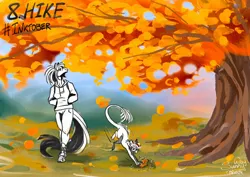 Size: 1600x1130 | Tagged: safe, artist:sunny way, derpibooru import, anthro, horse, ki'rinaes, original species, alirfesta felastis, anthro horse, art, artwork, autumn, backpack, day8, digital art, discover, duo, female, furry, hike, image, inktober, inktober 2024, inktober2024, leaves, png, sketch, sunny way