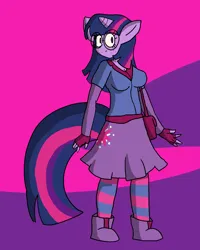 Size: 1200x1500 | Tagged: safe, artist:chibitaylor, derpibooru import, twilight sparkle, anthro, unicorn, g4, boots, breasts, clothes, female, freckles, glasses, horn, image, png, shirt, shoes, skirt, solo, striped stockings, tail, unicorn twilight